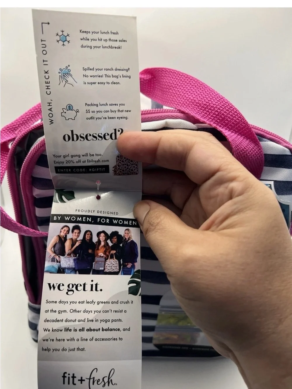 NEW Fit + Fresh Striped Lunch Tote Bag Antimicrobial w/ Snack Container